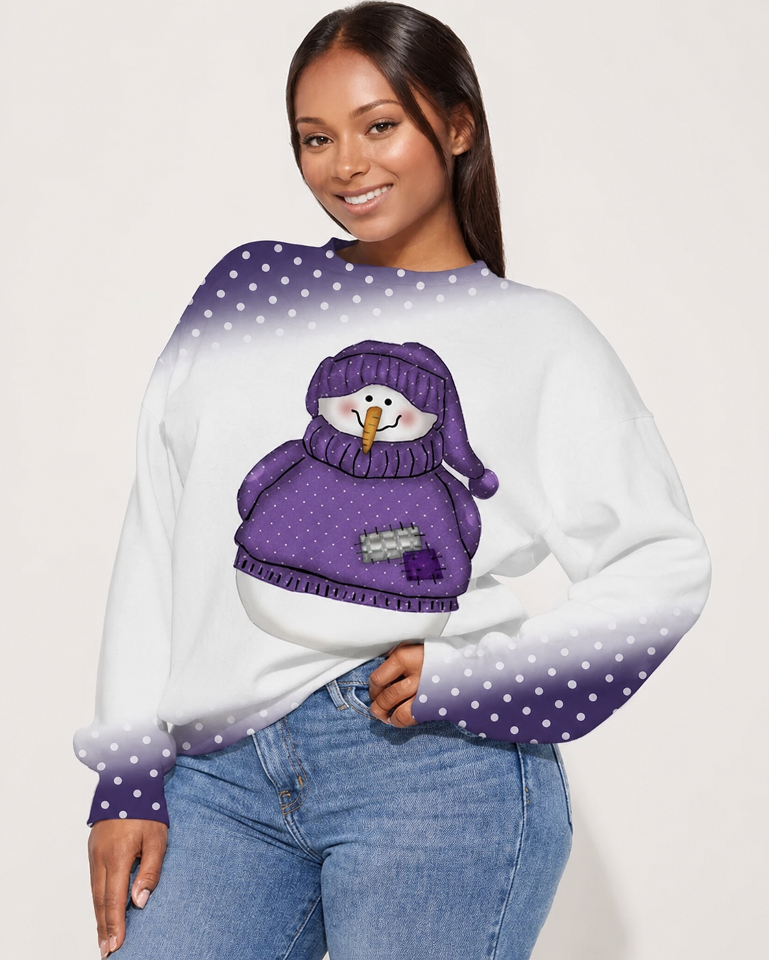 Women's Big & Tall Retro Snowman Polka Dots Pattern Print Long Sleeve Sweatshirt