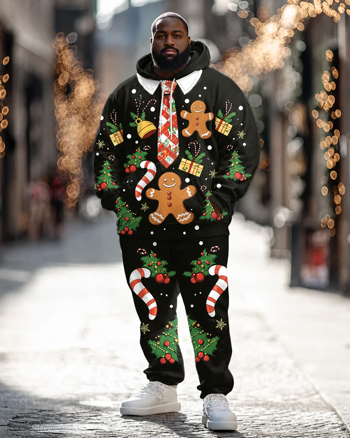 Men’s Christmas Black Gingerbread Man Tie Print Big & Tall Hoodie Set