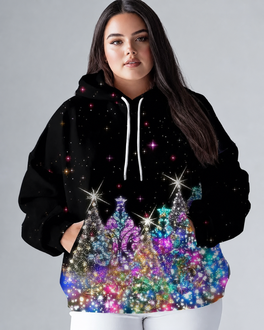 Women's Big & Tall Shiny Christmas Tree Print Long-sleeved Hoodie