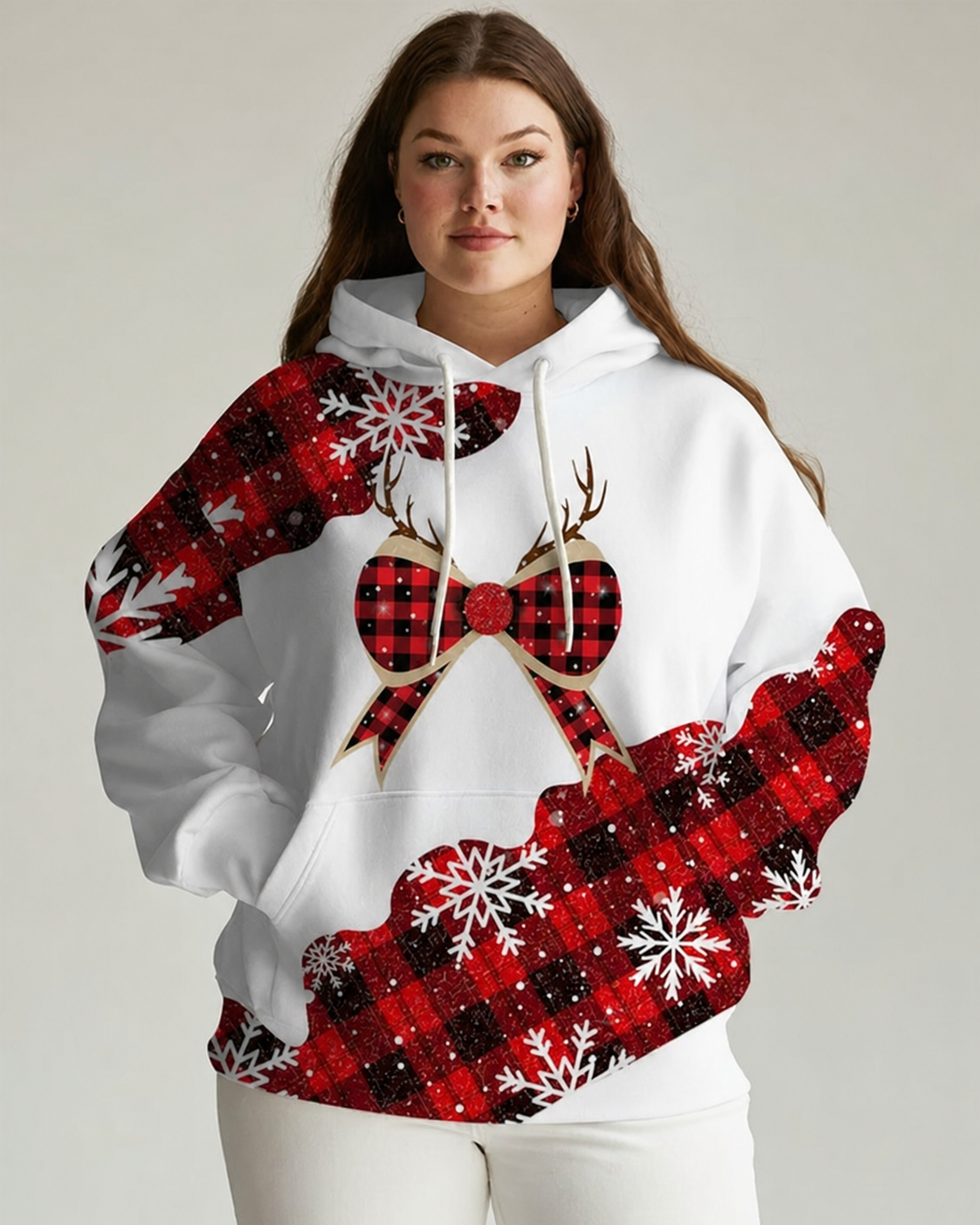Women's Big and Tall Christmas Plaid Bow Print Long-sleeved Hoodie