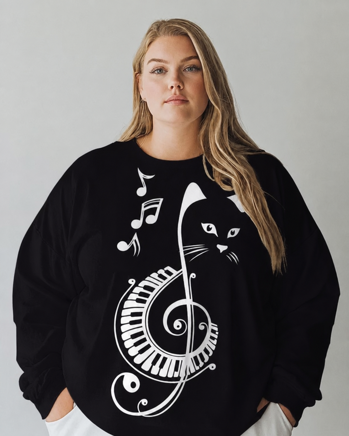 Women's Big & Tall Cute Music Cat Print Long Sleeve T-shirt
