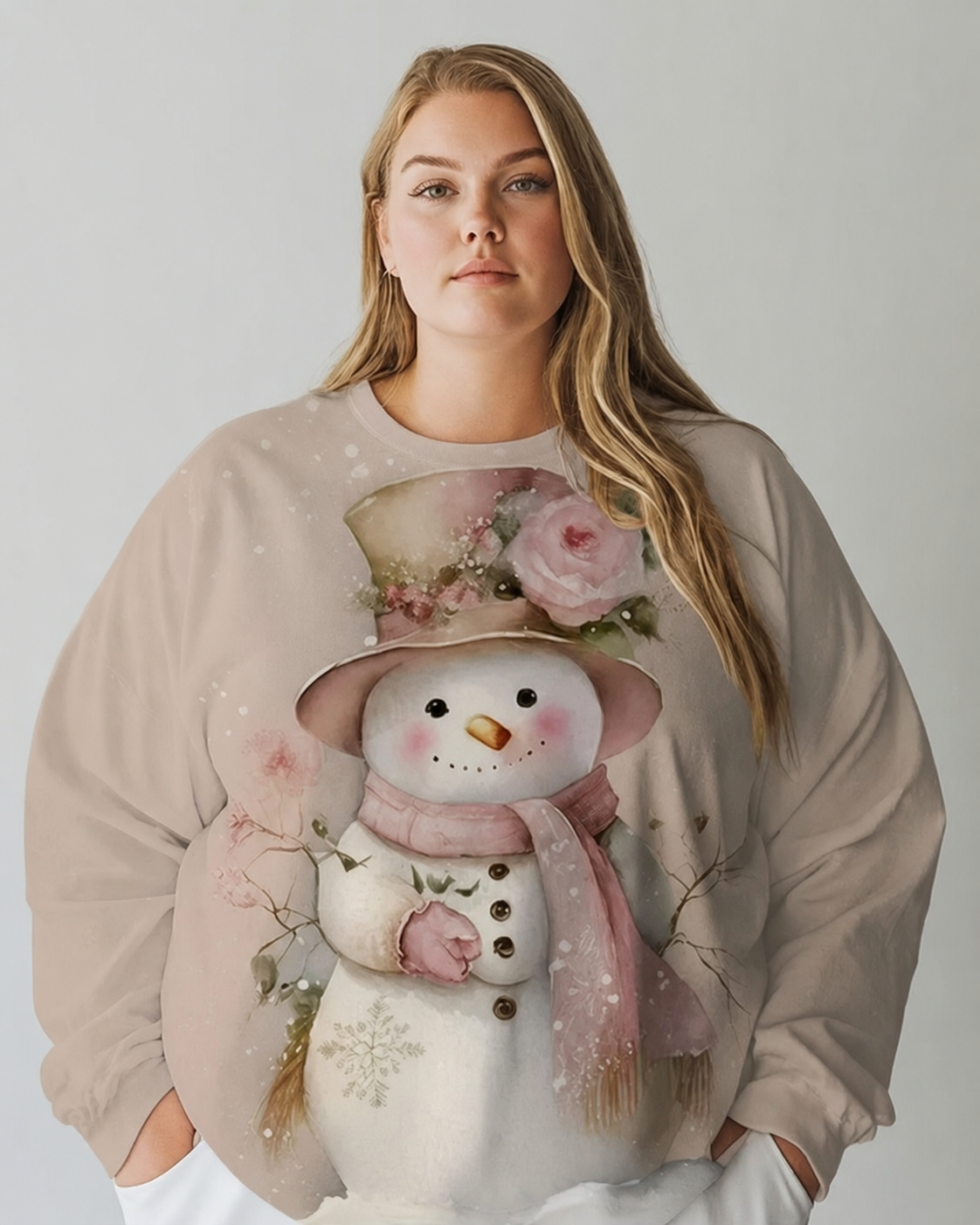 Vintage Flowers Snowman Print Women Big Size Long Sleeve T-shirt