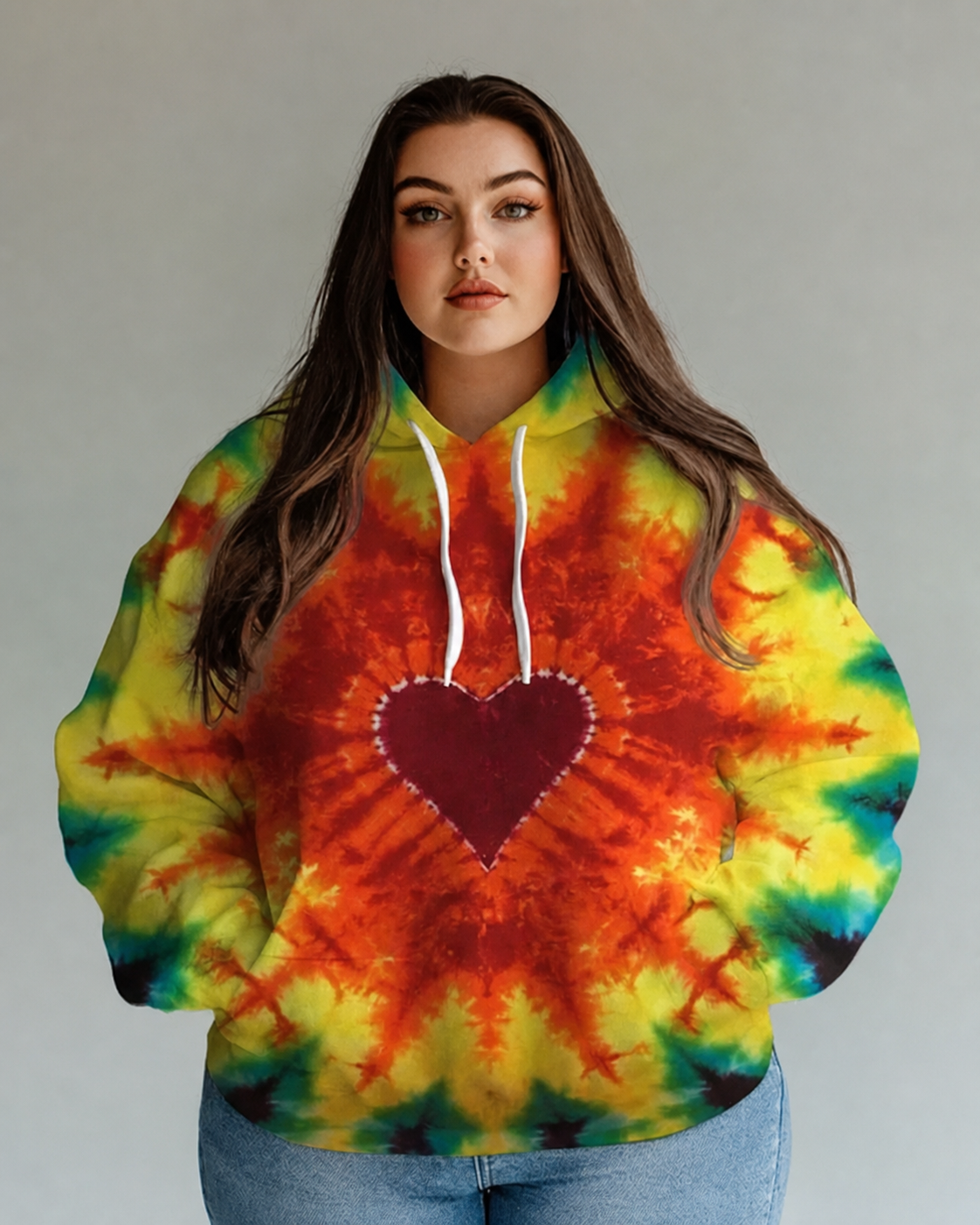 Women's Big Fashion Daily Gradient Heart Tie Dye Print Long Sleeve Hoodie
