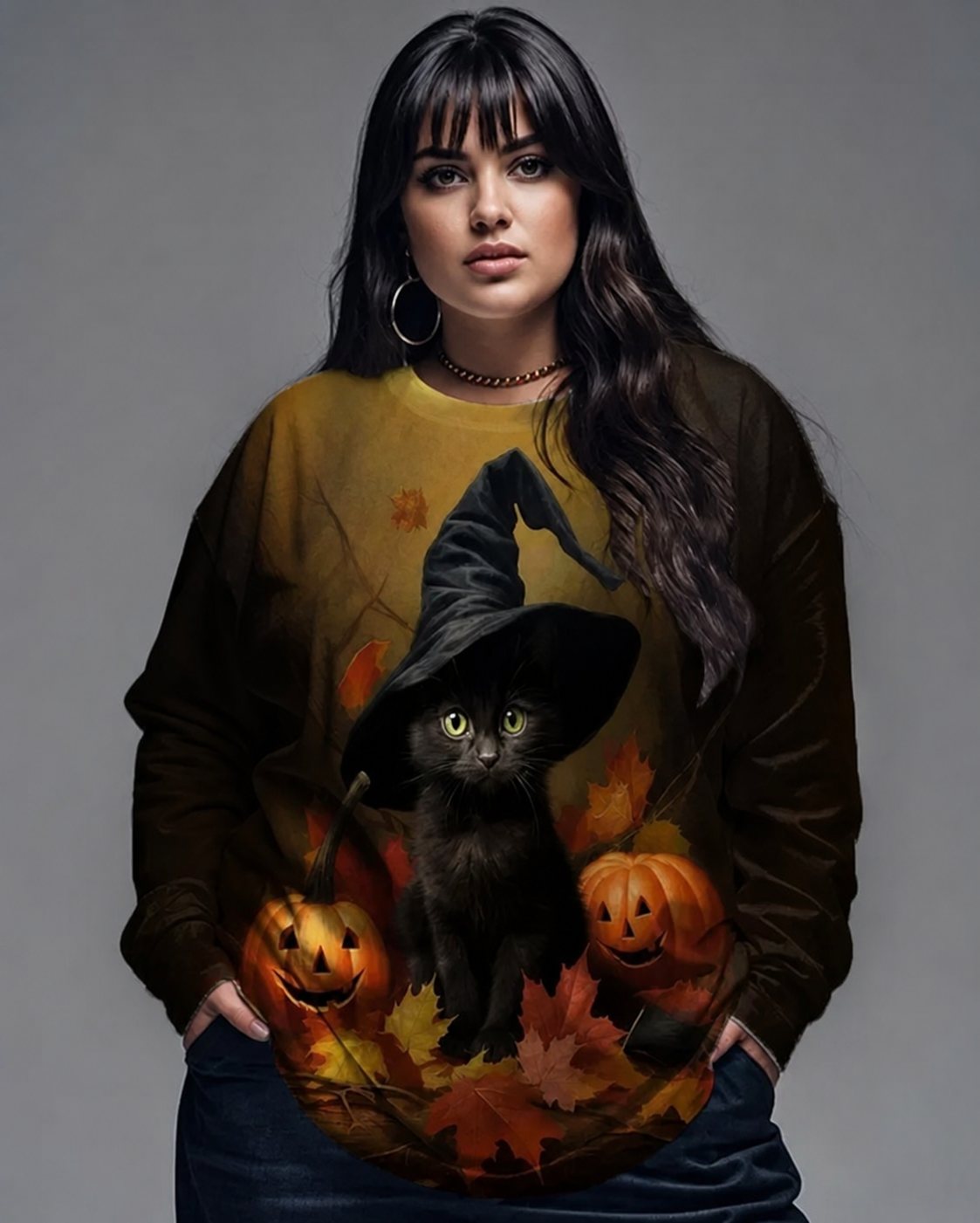 Witch Black Cat Pumpkin Print Big and Tall  Women's Long Sleeve Top