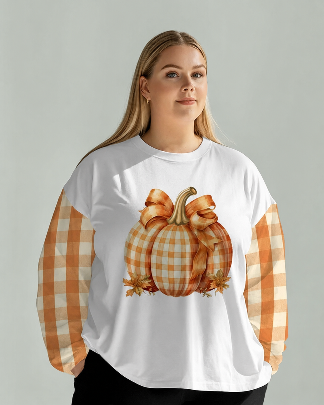 Women's Big and Tall Patchwork Plaid Pumpkin Print Long Sleeve T-shirt