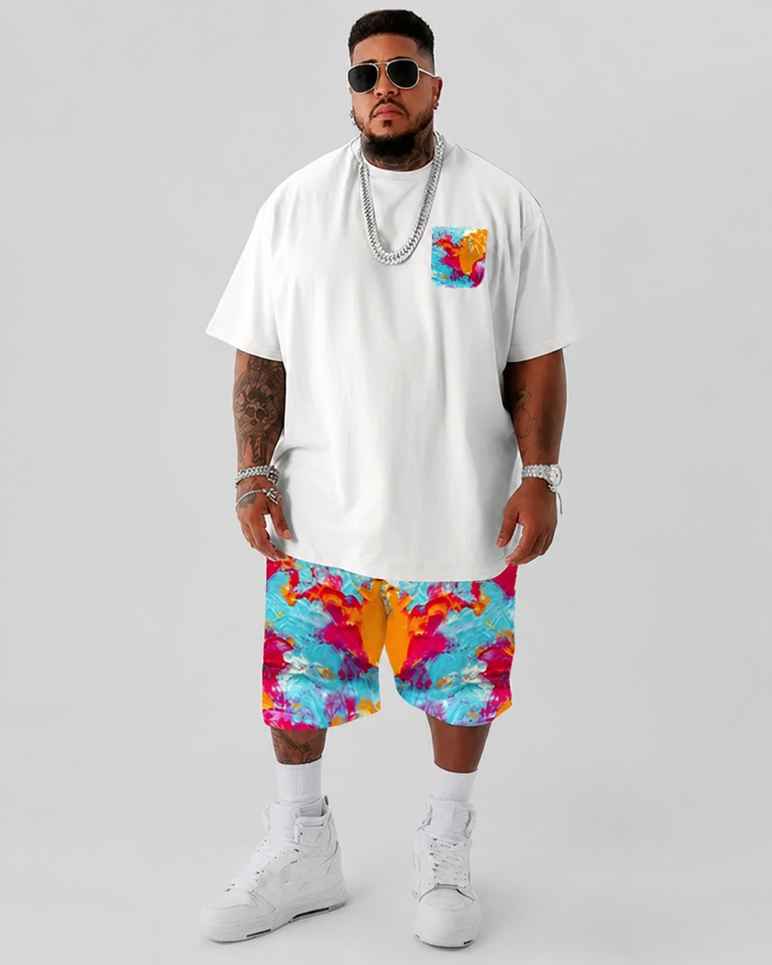Cotton Fabric-color Pocket Stitching Short Sleeve T-shirt Shorts Set Men's Big and Tall