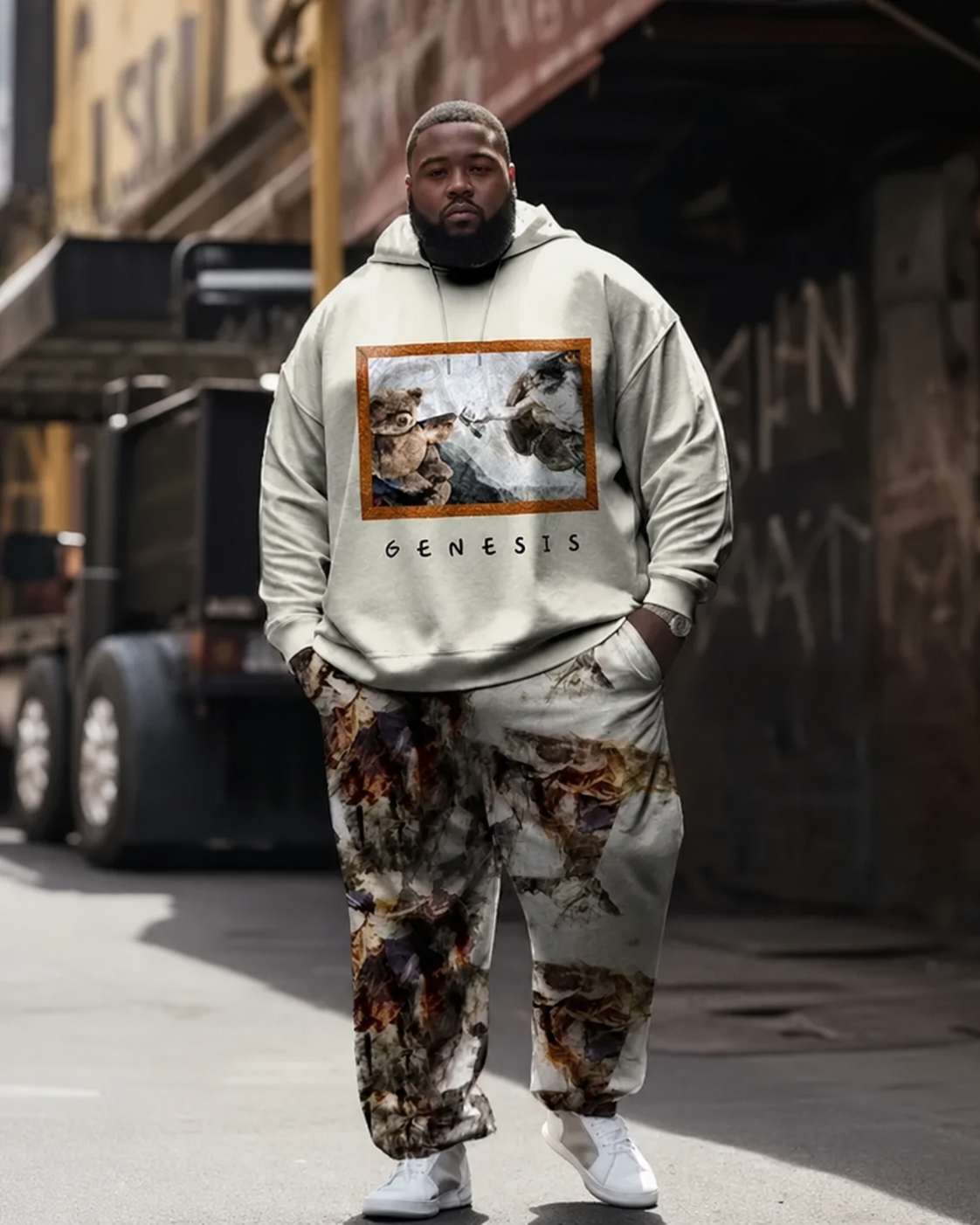 Men's Big & Tall Casual Hip Hop Jesus Oil Painting Hoodie Two-Piece Set