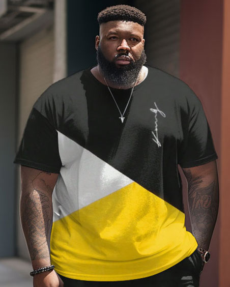 Big & Tall Patchwork Streetwear T-Shirt Shorts Set for big men view 2