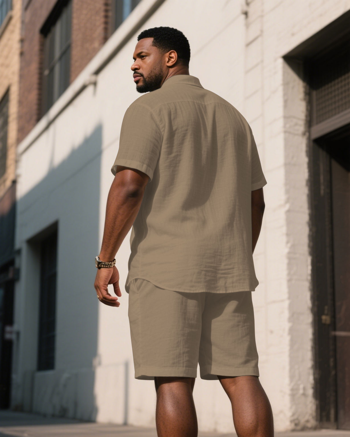 Big & Tall Black Khaki Colorblock T-Shirt Shorts Set for big men view 4