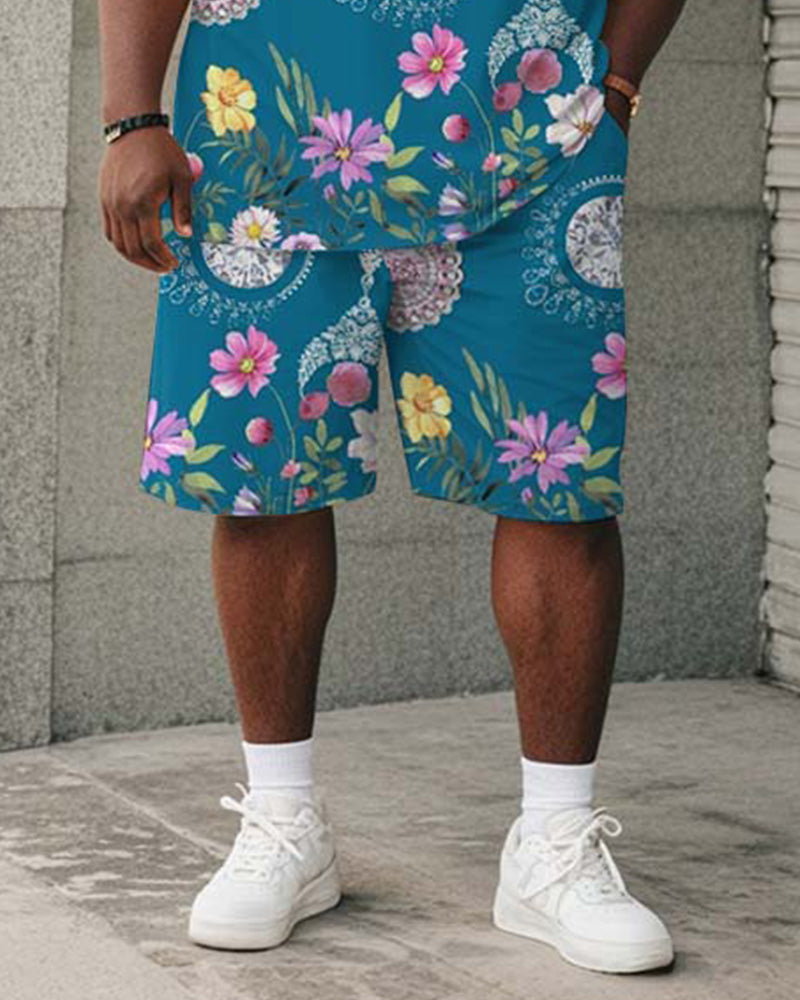 Big & Tall Blue Graphic Floral T-Shirt Shorts Set for big men view 3