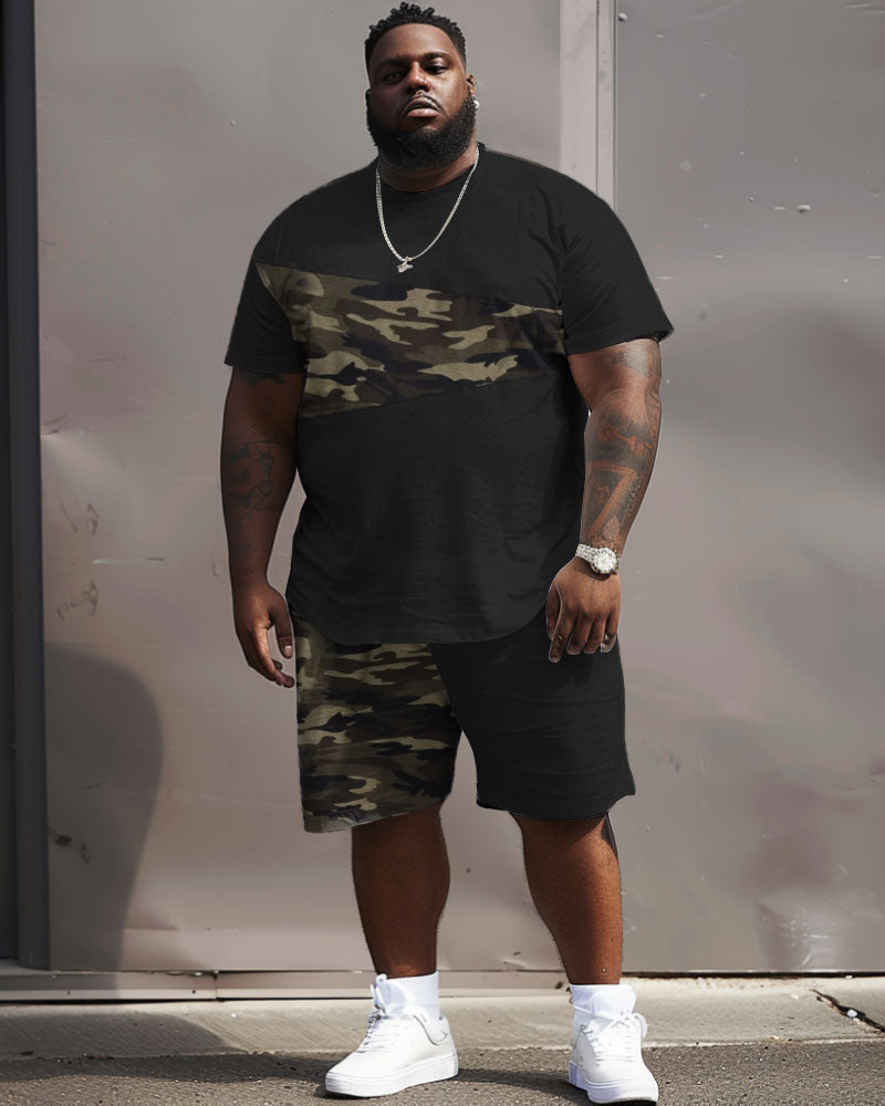 Big & Tall Black Camouflage T-Shirt Shorts Set for big men view 2