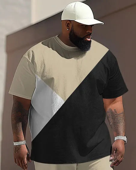 Big & Tall Khaki Colorblock T-Shirt Pants Set for big men view 2