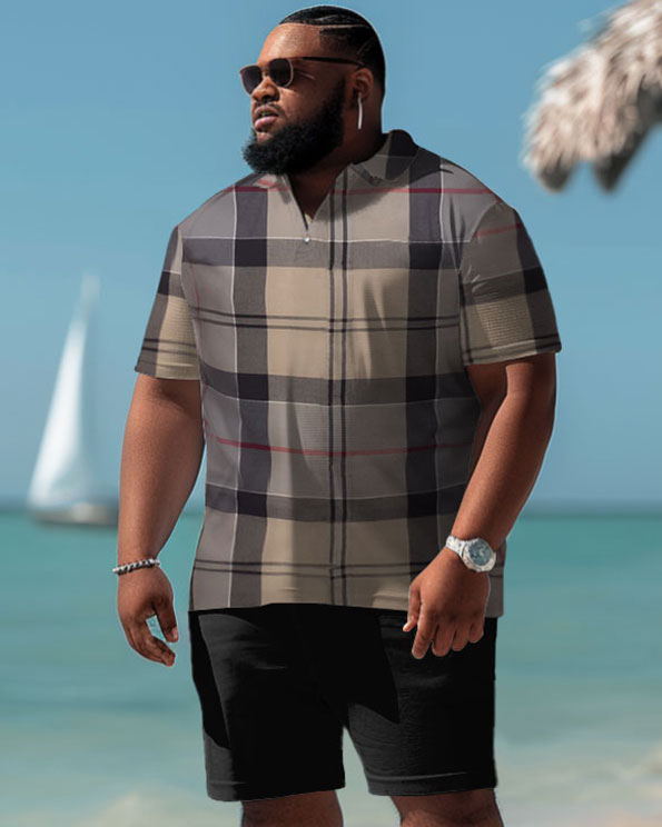 Big & Tall Plaid Polo Shorts Set for big men view 1