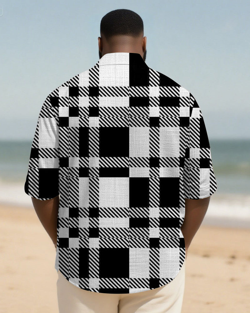 Big & Tall Black White Patchwork Long Sleeve Shirt for big men view 2