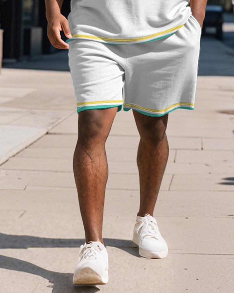 Big & Tall Green Colorblock Striped Polo Shorts Set for big men view 4