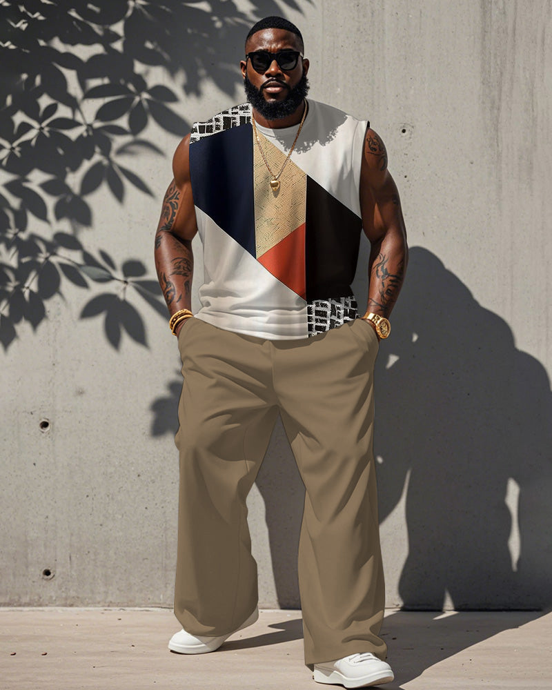 Big & Tall Khaki Colorblock Geometric Vest Pants Set for big men view 1