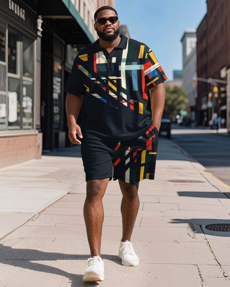 Big & Tall Black Geometric Graphic Polo Shorts Set for big men view 1