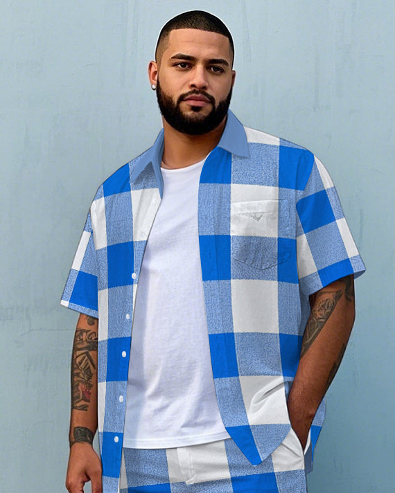 Big & Tall White Blue Plaid T-Shirt Shorts Set for big men view 2