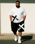 Big & Tall Black White Graphic T-Shirt Shorts Set for big men view 1