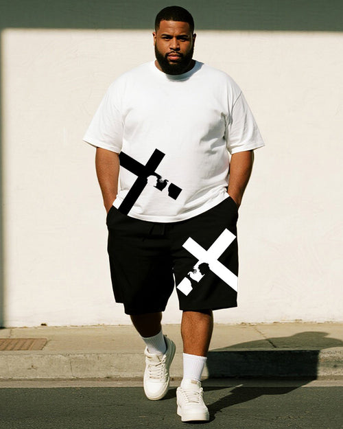 Big & Tall Black White Graphic T-Shirt Shorts Set for big men view 1