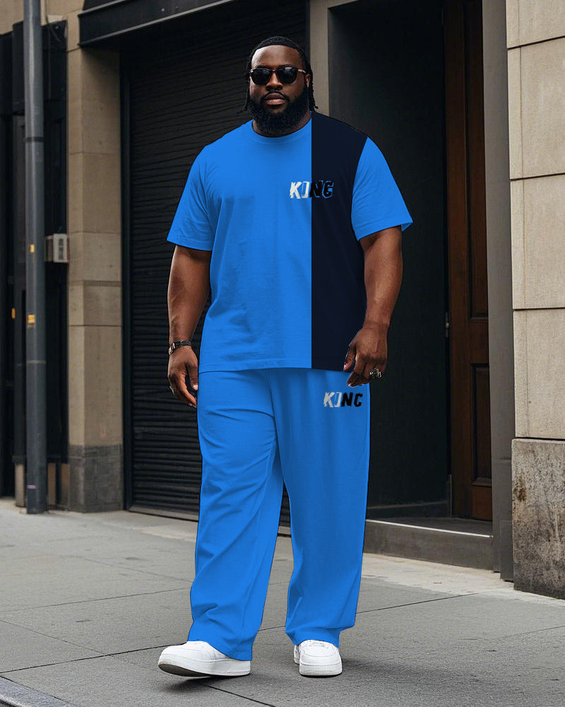 Big & Tall Black Blue Colorblock T-Shirt Pants Set for big men view 1