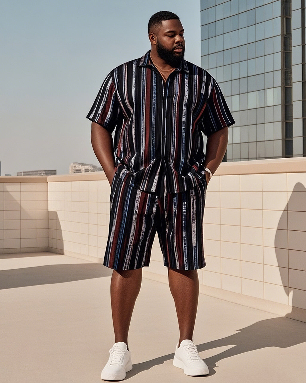 Big & Tall Colorblock Striped T-Shirt Shorts Set for big men view 1