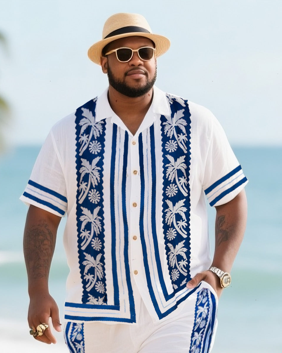 Big & Tall White Blue Striped T-Shirt Shorts Set for big men view 2