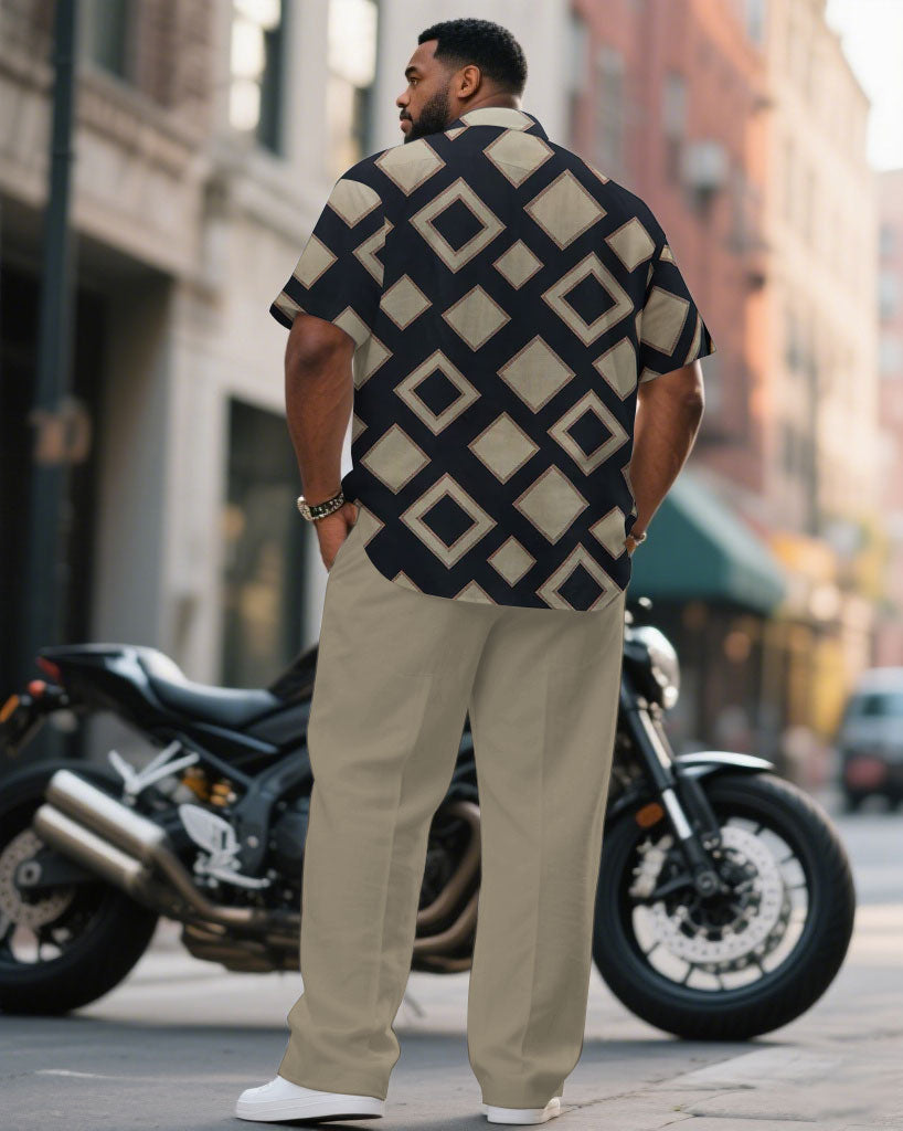 Big & Tall Black Khaki Geometric T-Shirt Pants Set for big men view 4
