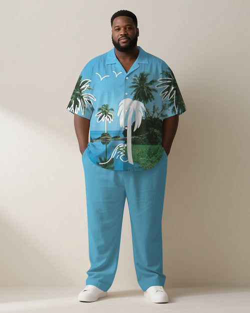 Big & Tall Blue Hawaiian Graphic T-Shirt Pants Set for big men view 1