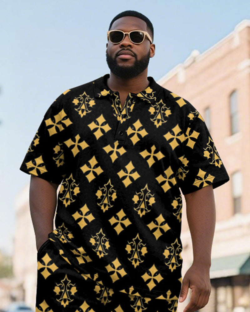 Big & Tall Black Yellow Colorblock Polo Shorts Set for big men view 3