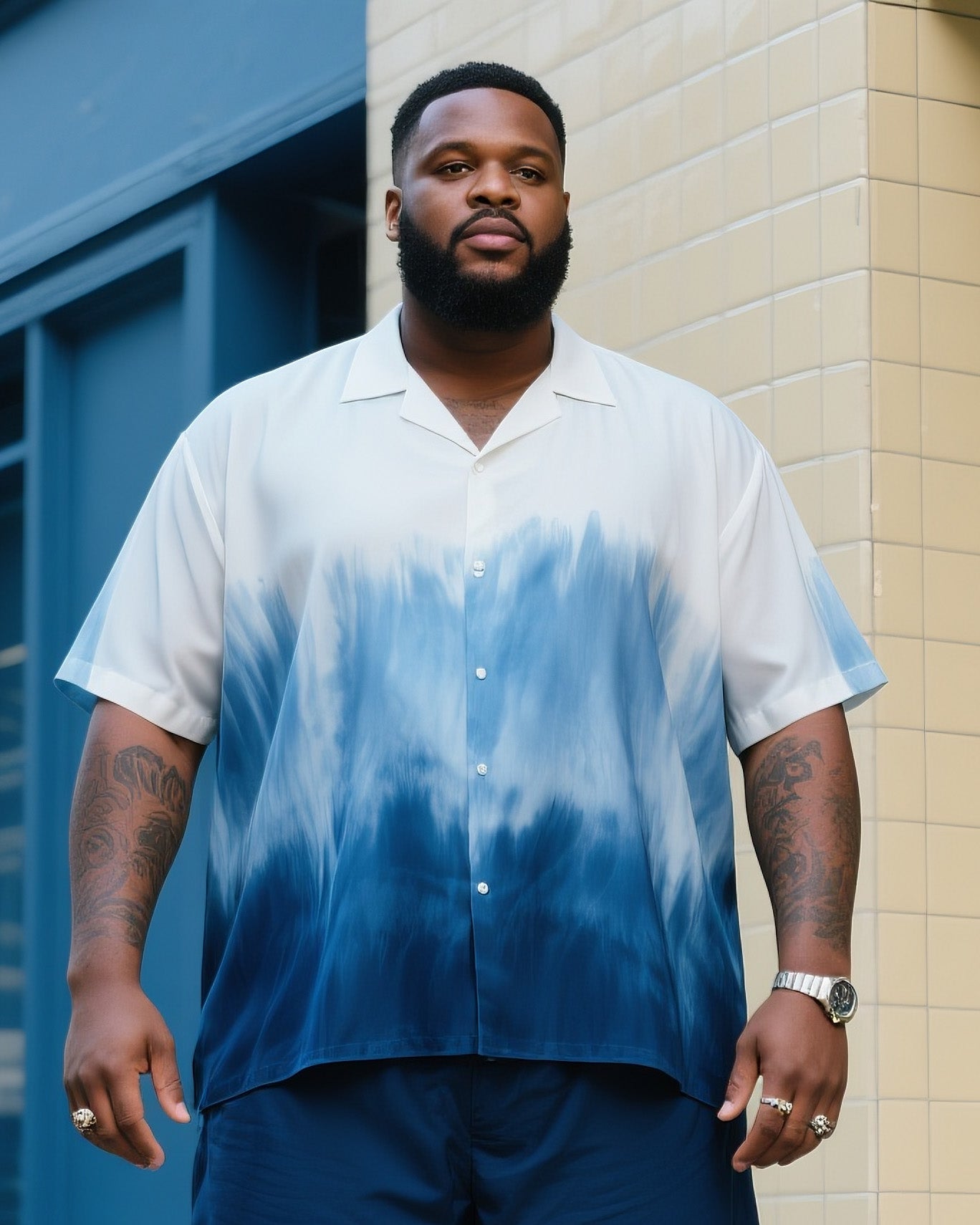 Big & Tall Blue Gradient T-Shirt Shorts Set for big men view 2