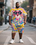 Big & Tall Pink Graphic Graffiti T-Shirt Shorts Set for big men view 1