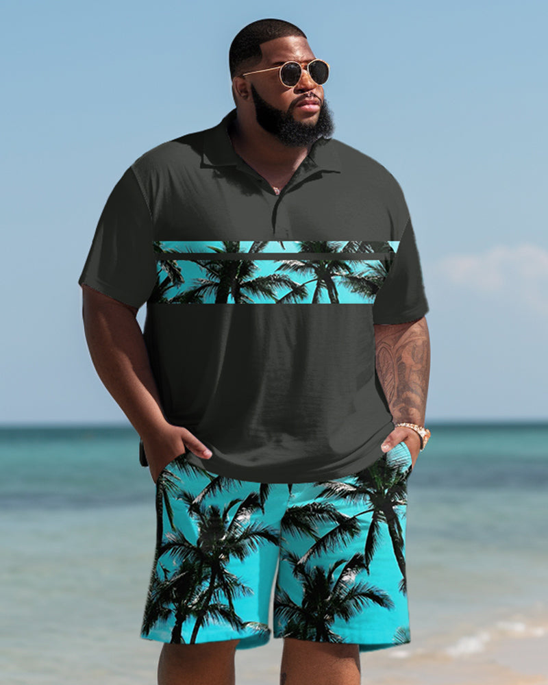 Big & Tall Black Hawaiian Graphic T-Shirt Shorts Set for big men view 1