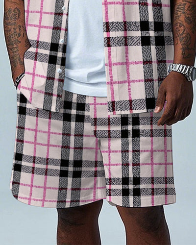 Big & Tall Pink Plaid T-Shirt Shorts Set for big men view 3