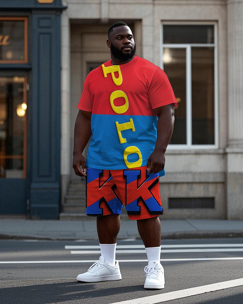 Big & Tall Blue Red Colorblock T-Shirt Shorts Set for big men view 1