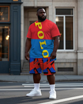 Big & Tall Blue Red Colorblock T-Shirt Shorts Set for big men view 1