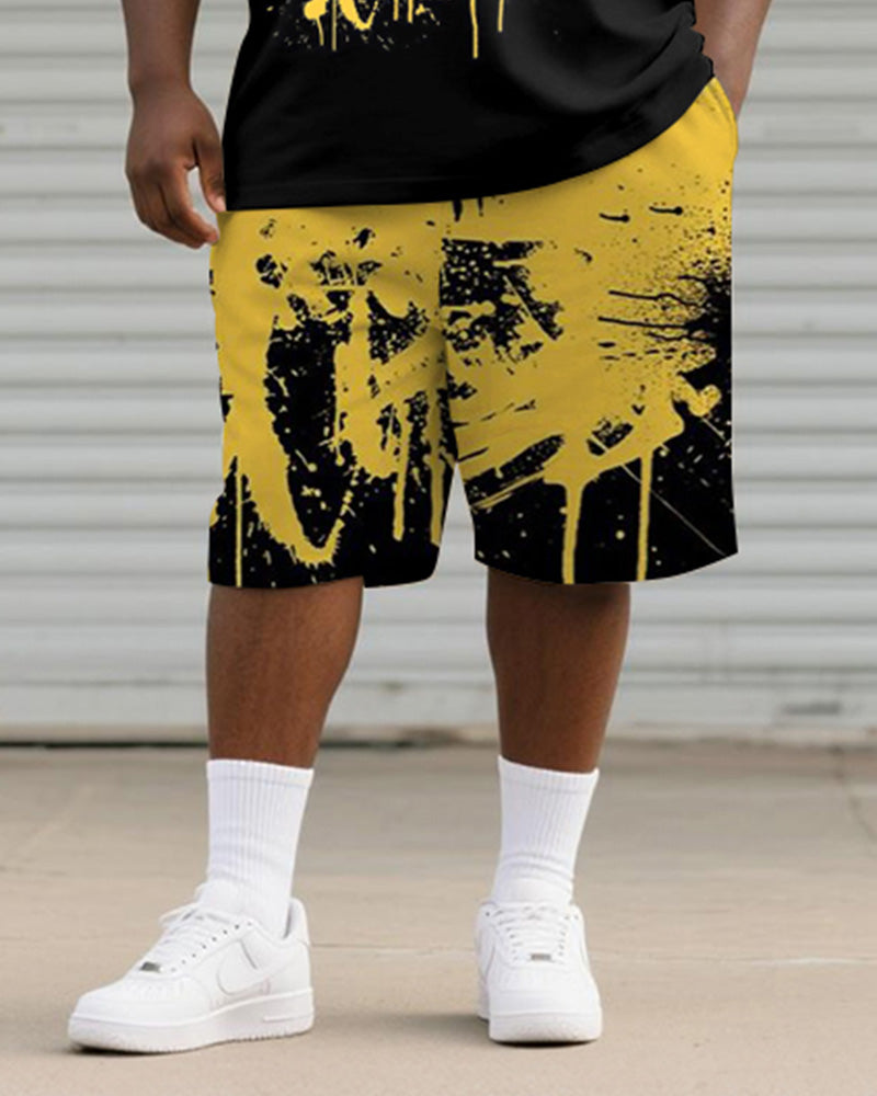 Big & Tall Yellow Graphic Graffiti T-Shirt Shorts Set for big men view 3