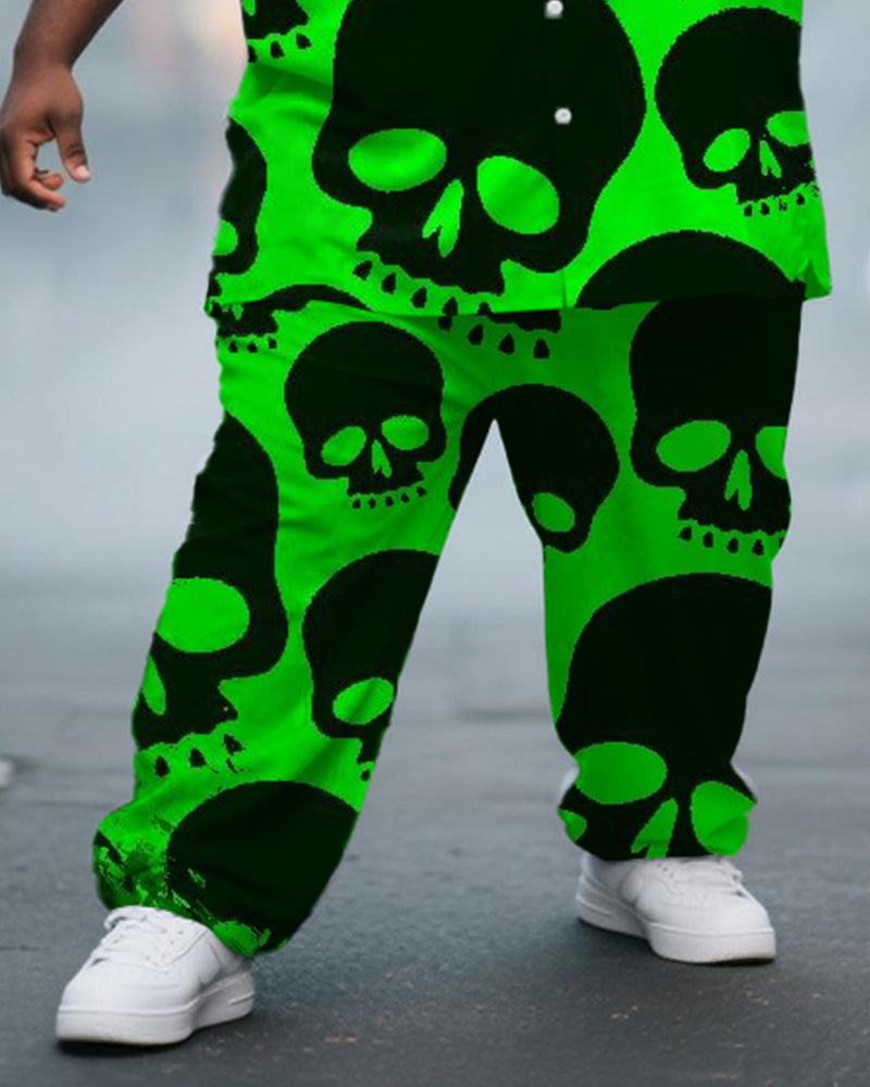 Big & Tall Green Graphic Skull T-Shirt Pants Set for big men view 3