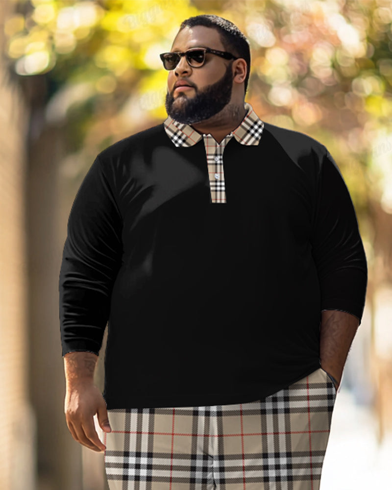 Big & Tall Colorblock Plaid Streetwear Polo Pants Set for big men view 2
