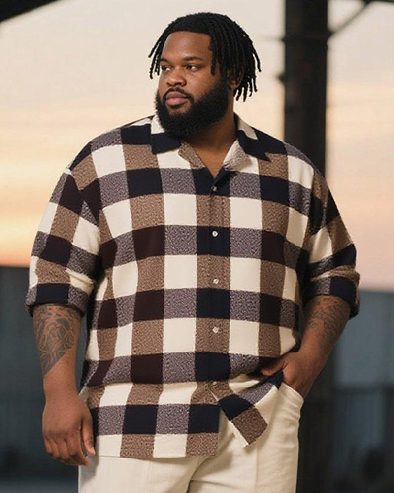 Big & Tall Brown Plaid Graphic T-Shirt Pants Set for big men view 2