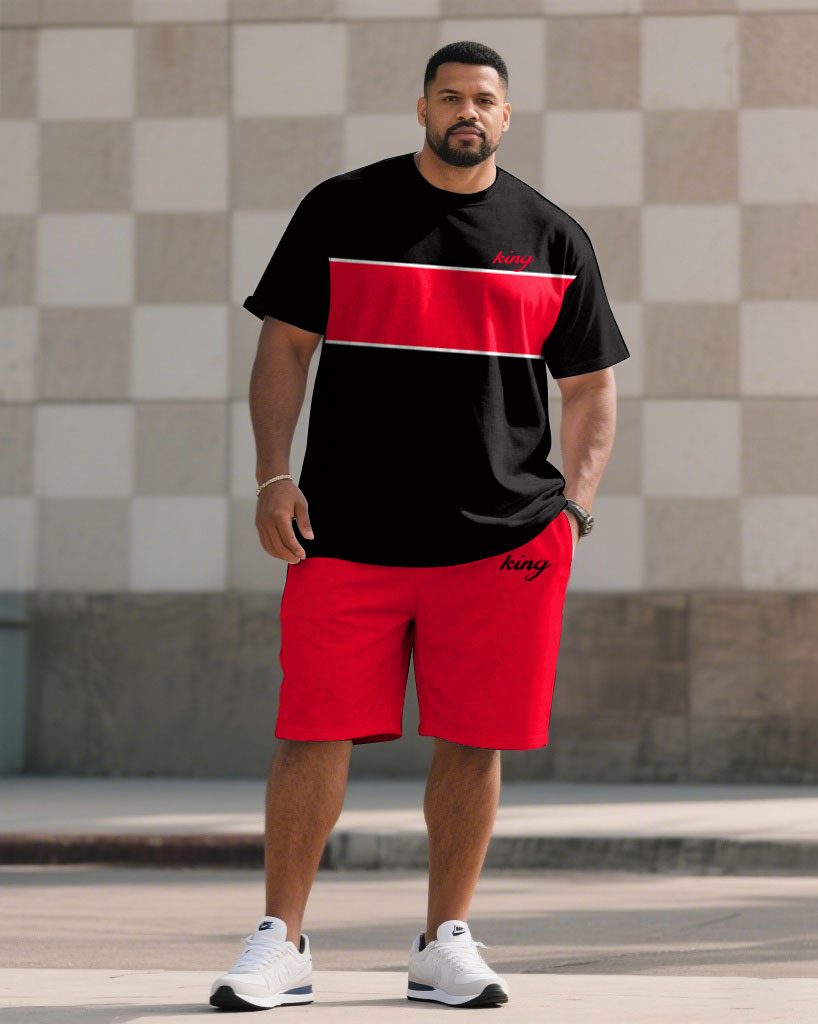 Big & Tall Black Red Colorblock T-Shirt Shorts Set for big men view 1