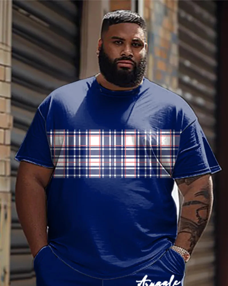 Big & Tall Plaid Graphic Patchwork T-Shirt Shorts Set for big men view 2
