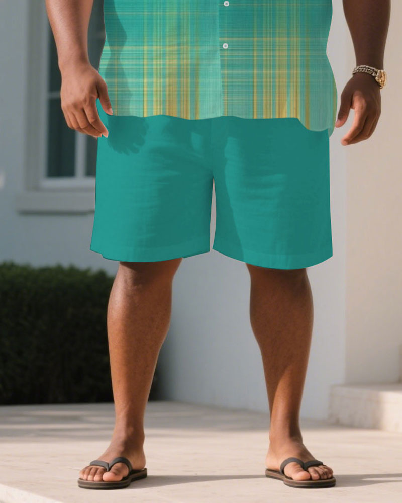 Big & Tall Green Yellow Graphic T-Shirt Shorts Set for big men view 3