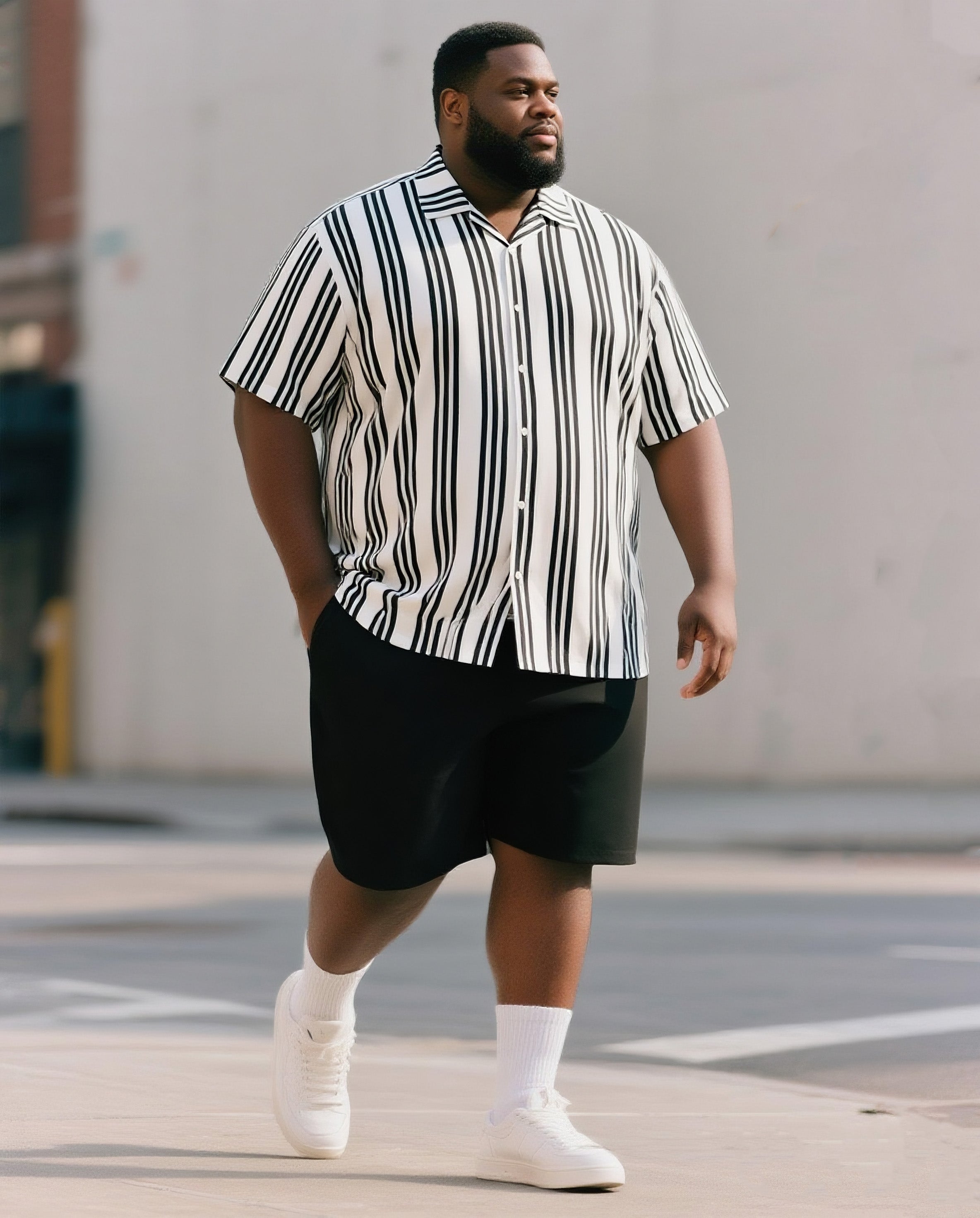 Big & Tall Black White Striped T-Shirt Shorts Set for big men view 1