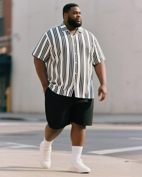 Big & Tall Black White Striped T-Shirt Shorts Set for big men view 1