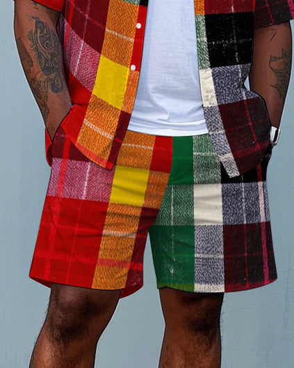 Big & Tall Colorblock Plaid T-Shirt Shorts Set for big men view 3