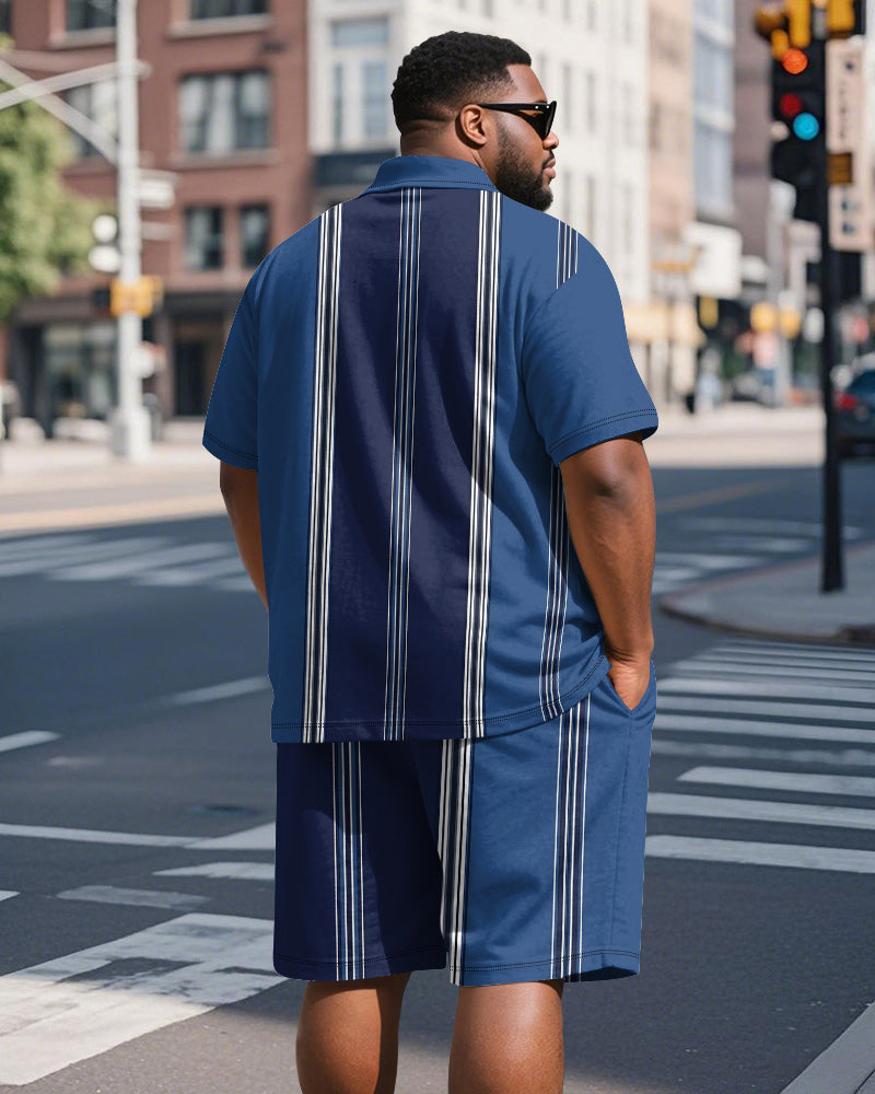 Big & Tall Blue Striped Graphic Polo Shorts Set for big men view 5