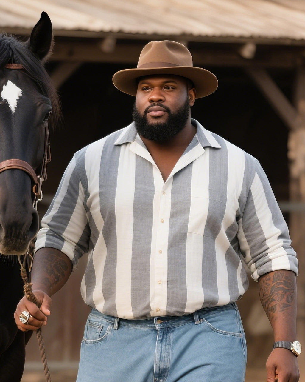 Big & Tall Western Striped T-Shirt Pants Set for big men view 2