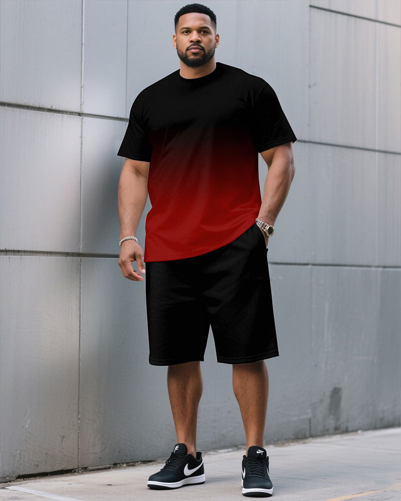 Big & Tall Black Red Gradient T-Shirt Shorts Set for big men view 1