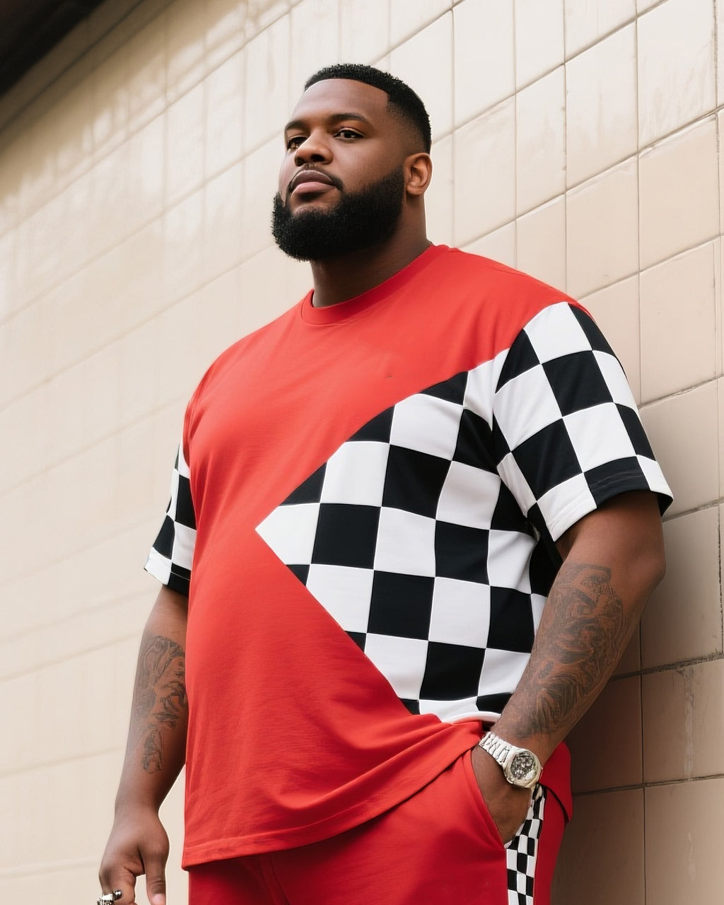 Big & Tall Black White Plaid T-Shirt Pants Set for big men view 2